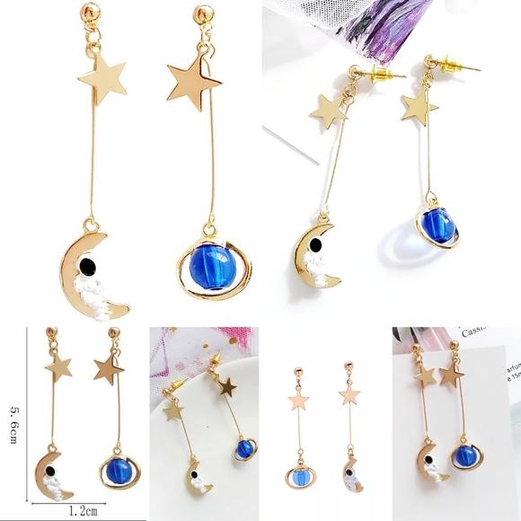 Gold plated Pearl Spaceman planet star earrings w/ silver post choose your style - Picture 5 of 16